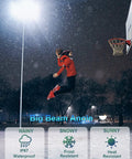Basketball player dunking at night under Beastly 600W Outdoor LED Flood Lights, demonstrating IP67 waterproof and frost resistance.