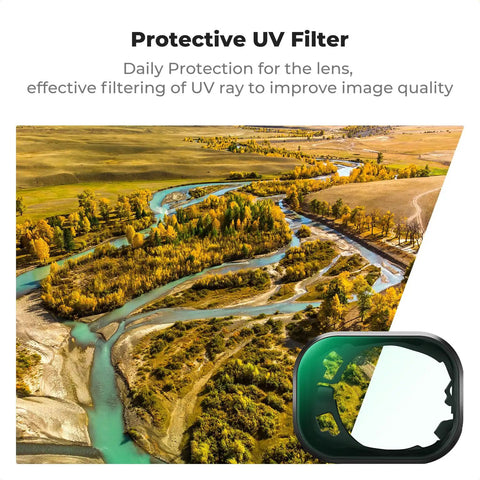 DJI Mini 4 Pro Filter Kit 4 Pack CPL UV ND8 ND16 Multi Coated Optical Glass for drone, aerial landscape view with UV filter.