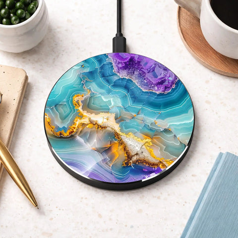 Blue Agate Marble Wireless Charger 15W Fast Wireless Charging For iPhone And Android on desk with pen and notebook