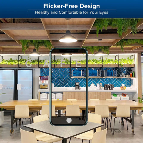Lit 6500 Lumen A21 LED Bulb Replaces 450W Incandescents, 5000K Daylight in a modern café with flicker-free light.