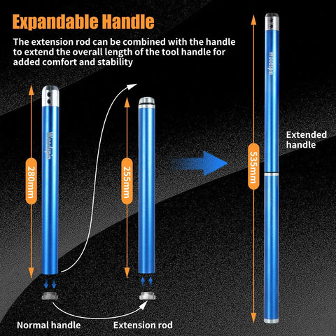Expandable handle for Premium Pro Grade Carbide Lathe Tools For Wood Lathe Set, showing dimensions and extension options.