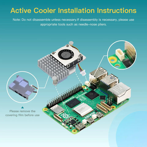 Raspberry Pi 5 Starter Kit With 4GB RAM, 27W PD Power Supply, Active Cooler installation steps on a green circuit board