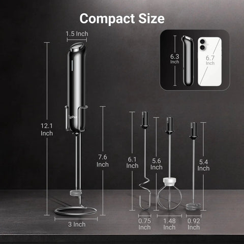 Dimensions of Milk Frother With Variable Speed Rechargeable Wand Detachable Double Whisk Handheld Electric Stirrer shown against phone.