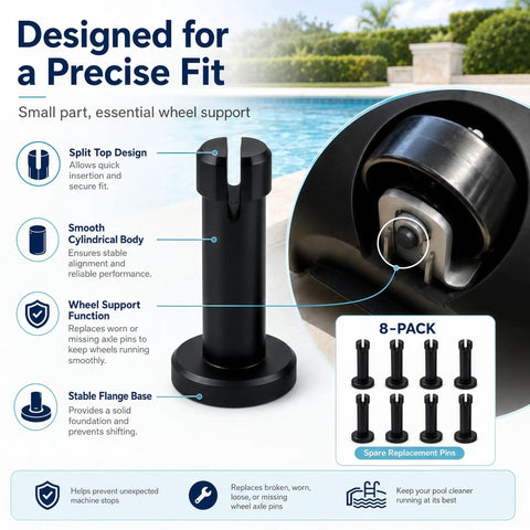 Top Notch Replacement Axle Pins And Wheel Retainers For Aiper Seagull SE Robotic Pool Cleaner showing 8-pack black pins with a split top design.