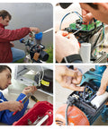Collage showing installation and use of Run Capacitor 35uF 450V AC CBB60 for air compressors, water pumps, and motors.