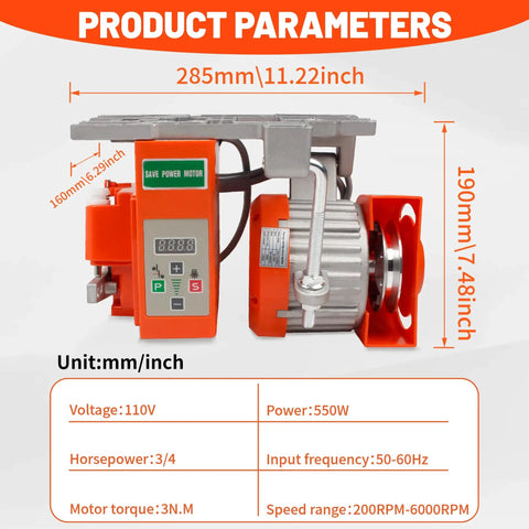 Industrial Sewing Machine Servo Motor 550W 110V AC CW CCW with controller, front view showing dimensions and specifications.