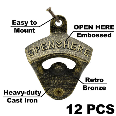 Retro Metal Wall Mounted Bottle Cap Opener Set Packs Twelve Heavy Duty Pull Tabs That Kick Ass At Opening Crown Caps Keeping Your Garage Or Basement Bar Super Chill. Close-up of an antique bronze opener with embossed lettering.