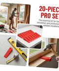 Heavy Duty Red Leveling Wedges 20 Pack Polymer Shims For Window And Furniture Installations moistureproof gap fillers shown in different angles.
