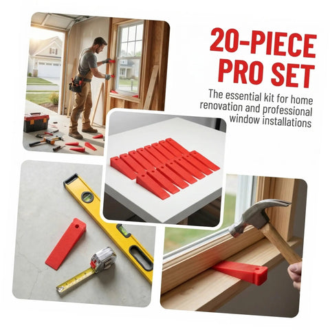 Heavy Duty Red Leveling Wedges 20 Pack Polymer Shims For Window And Furniture Installations moistureproof gap fillers shown in different angles.