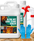 Killer Wet Look Stone and Concrete Sealer 1 Gallon High Gloss Finish with sprayer and gloves for outdoor stone care.