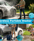 No Sweat Battery Powered Cordless Car Washer With Badass Handheld Pressure Cleaner cleaning a car with a wireless spray gun at home.