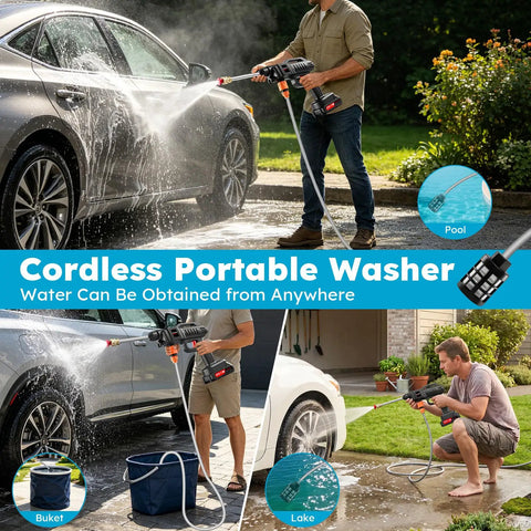 No Sweat Battery Powered Cordless Car Washer With Badass Handheld Pressure Cleaner cleaning a car with a wireless spray gun at home.