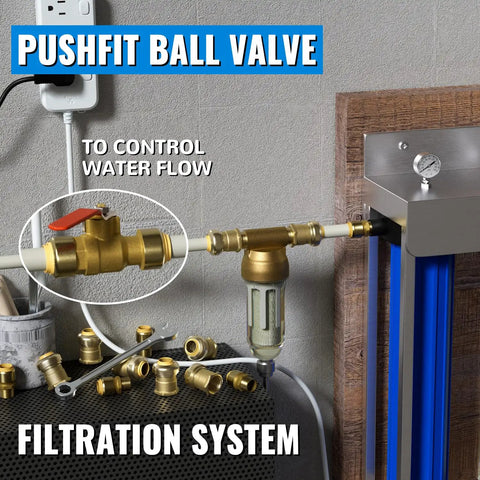 Three Quarter Inch Push To Connect Ball Valve No Lead Brass Full Port Plumbing Fittings installed in filtration system
