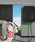 Dang Tough Wall Mount Cover For Electric Vehicle Chargers Built From Rigid Cold Rolled Steel With Rock Solid Locking System Completely Waterproof For Any Rough Outdoor Conditions In Glossy Black mounted next to Tesla charger with weather comparison.