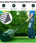 Person using Beast Of A Lawn Roller For Yard And Garden Push Or Tow Behind 30 Gallon Water Sand Filled Sod Roller Drum with Detachable Gripping Handle.