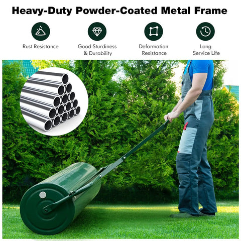 Person using Beast Of A Lawn Roller For Yard And Garden Push Or Tow Behind 30 Gallon Water Sand Filled Sod Roller Drum with Detachable Gripping Handle.