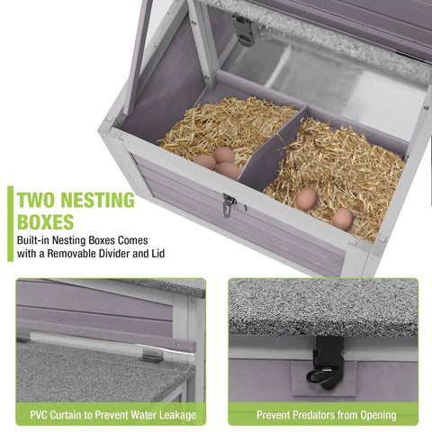 Outdoor Wooden Chicken Coop With Large Nesting Box, Expandable Run showing open nesting boxes with hay and eggs