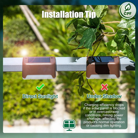Top Shelf Solar Deck Lights 16 Pack installation tip showing optimal sunlight conditions for slick brown shell step lights.