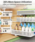 Heavy Duty 2 Pack Under Sink Organizer With Adjustable 3 Tier Metal Pull Out Drawers For Kitchen Cabinet And Bathroom Vanity displaying cleaning supplies.