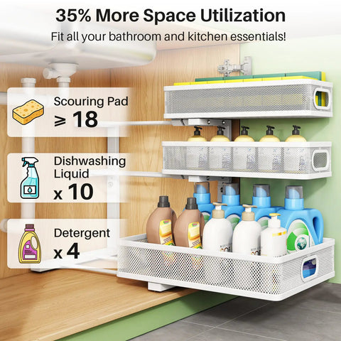 Heavy Duty 2 Pack Under Sink Organizer With Adjustable 3 Tier Metal Pull Out Drawers For Kitchen Cabinet And Bathroom Vanity displaying cleaning supplies.