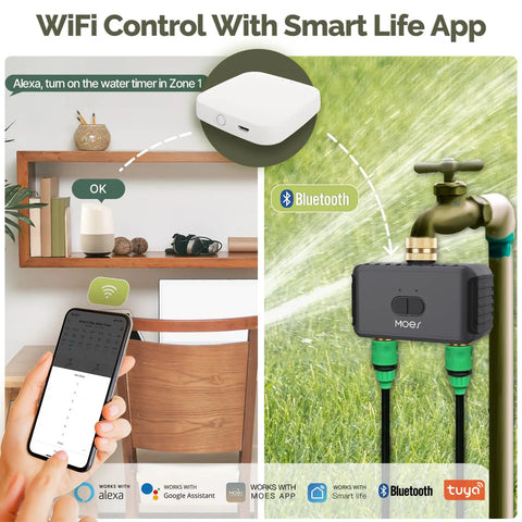 WiFi Sprinkler Timer For 2 Zone System With Brass Inlet And Outlet Water Timer shown with smartphone control setup.