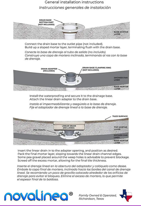 Installation instructions for 30 Inch Linear Shower Drain With Tile Insert Grate And Hair Strainer Includes Leveling Feet 2 Inch Center Outlet 304