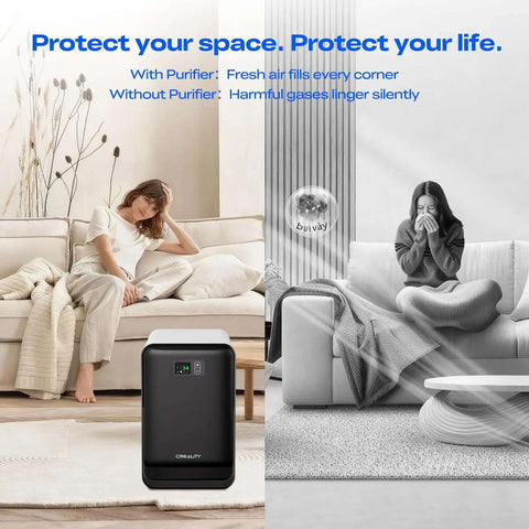 Image of a 3D Printer Air Purifier For FDM Printers with high dense activated carbon, showing an illustration of clean and polluted air sides.