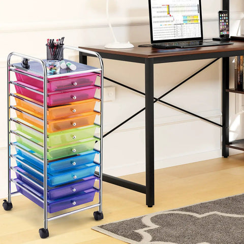 10 Drawer Rolling Storage Cart With Removable Drawers, Universal Casters And Two Brakes, Flexible Organizer For Home And Office, Rainbow Finish