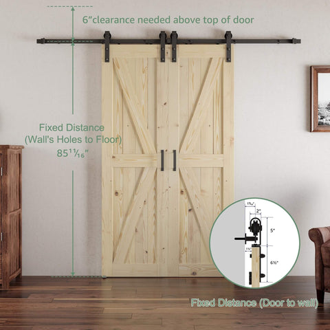 56 X 84 Inch Solid Wood Panelled Barn Door Set With Heavy Duty Sliding Hardware Kit For Two Doors Unfinished Surface Ready To Stain DIY Friendly Assembly Fits 52 To 54 Inch Wide Openings installed view