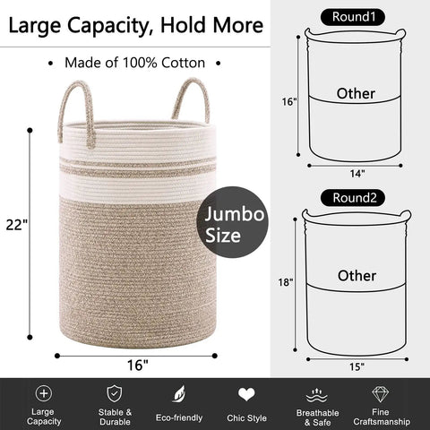 Woven Rope Laundry Hamper Basket 72L Tall Big Ol Brown Eco Friendly Natural Cotton Rope Laundry Bin for Clothes Blankets