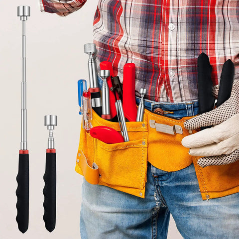Six Piece Telescoping Magnetic Pickup Tool Set With Extendable Magnetic Sticks in tool belt, view of two extended tools
