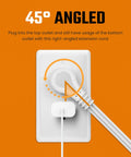 White Flat Angled Extension Cord With Three Outlets For Indoor Use Ten Plus Feet Long 3 Prong Power Cable That Saves Space And Fits Behind Furniture UL Listed Durable Easy Plug In installed in wall socket