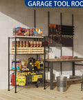 Straight Up Heavy Duty Metal Storage Rack With Adjustable Shelves For Kitchen Pantry Or Closet Black Stand displaying tools and supplies in garage.