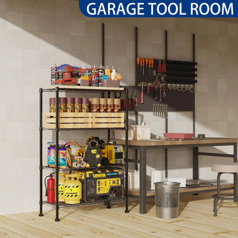 Straight Up Heavy Duty Metal Storage Rack With Adjustable Shelves For Kitchen Pantry Or Closet Black Stand displaying tools and supplies in garage.