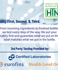 Image displaying text about third-party testing by Certified Laboratories, Eurofins, and Health Level One for Health Thru Nutrition.