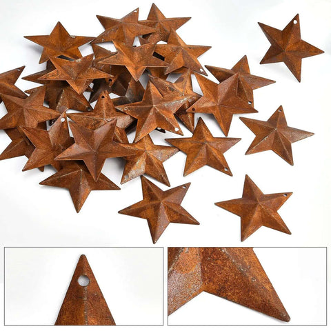 Rusty Barn Star Set Thirty Pieces Two Inch Metal Stars For Crafts Rustic Primitive Accents Vintage Home Farmhouse Wall Decor Country Style Great For Diy Projects And Farmhouse Decor shown with close-up of texture and hanging hole