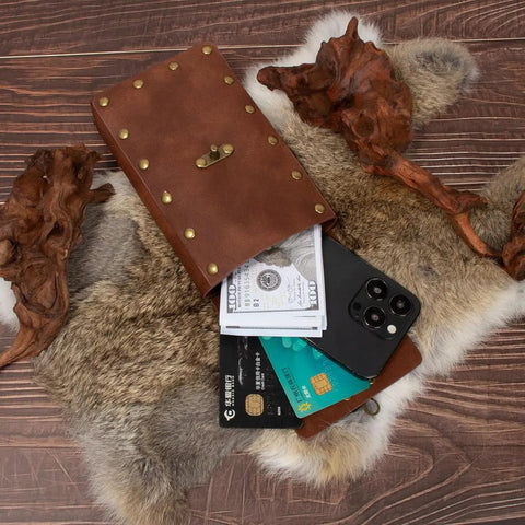 Dual Brown Renaissance Belt Pouch And Viking Bracer Kit Featuring Detachable Waist Bag with cash and cards inside.