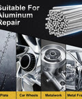 100 Aluminum Welding Rods Flux-Free for Easy Welds DIY Aluminum Repair showing applications on plate, car wheels, metalwork, frames