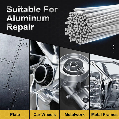 100 Aluminum Welding Rods Flux-Free for Easy Welds DIY Aluminum Repair showing applications on plate, car wheels, metalwork, frames