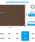 Sun Shade Cloth 10x12 Ft Shade Fabric With Stainless Reinforced Grommets For Pergolas Patios Decks And Backyards Mocha Color Delivers Up To 95 UV Block And Privacy For Your Outdoor Space, shown with dimensions and grommets.
