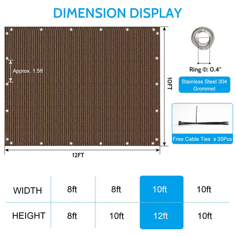 Sun Shade Cloth 10x12 Ft Shade Fabric With Stainless Reinforced Grommets For Pergolas Patios Decks And Backyards Mocha Color Delivers Up To 95 UV Block And Privacy For Your Outdoor Space, shown with dimensions and grommets.