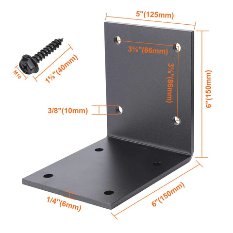 Six Pack Steel T Brackets For Wood Heavy Duty Mending Plates Black T Plate Brackets For Woodwork Pergolas Flat Straight Repair Brackets angle view with measurements