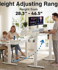 Solid Build Electric Standing Desk With 55x26 Inch Adjustable Height And Clean White Finish, family using it for work and play.