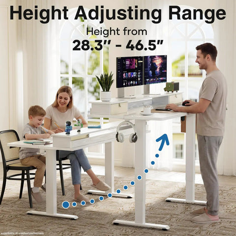 Solid Build Electric Standing Desk With 55x26 Inch Adjustable Height And Clean White Finish, family using it for work and play.