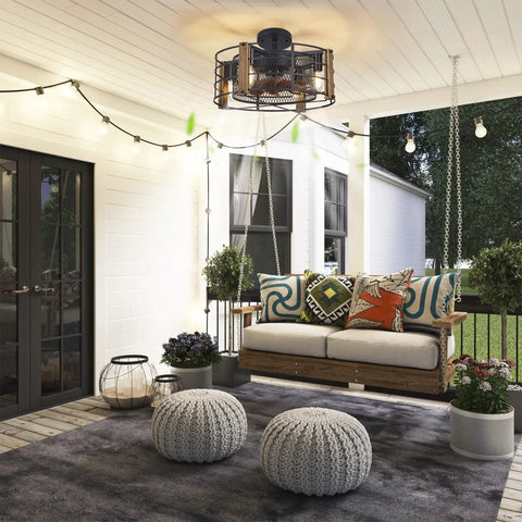 Wooden Farmhouse Ceiling Fan With Lights, Cage Style Indoor Vintage Ceiling Fan For Bedroom, Living Room, And Kitchen on patio