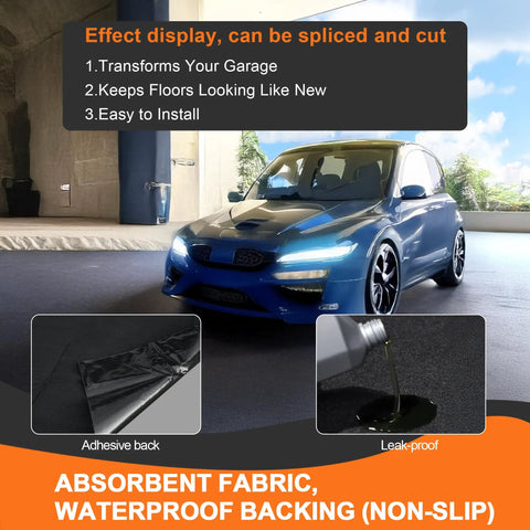 Heavy Duty 60 By 72 Inch Oil Spill Mat For The Garage Floor Under Your Car Waterproof Absorbent Reusable And Washable Floor Protector Durable For Driveways And Garages installed under a blue car in a garage