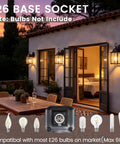 Built Tough E26 Outdoor Porch Light For Home Exterior Wall Matte Black Die Cast Aluminum And Clear Glass Wall Lantern showing E26 base socket in an outdoor setting.