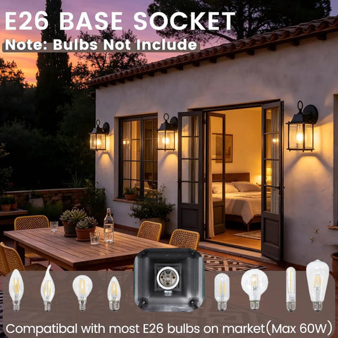 Built Tough E26 Outdoor Porch Light For Home Exterior Wall Matte Black Die Cast Aluminum And Clear Glass Wall Lantern showing E26 base socket in an outdoor setting.