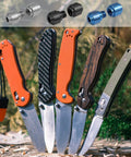 3 Sets Titanium Thumb Studs And Pocket Knife Screws Replacement For Benchmade 535 Bugout, Includes Black Silver Blue Colors, Durable Thumb Knobs For Easy One Handed Flips And Secure Lockup displayed above knives