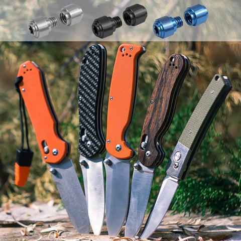 3 Sets Titanium Thumb Studs And Pocket Knife Screws Replacement For Benchmade 535 Bugout, Includes Black Silver Blue Colors, Durable Thumb Knobs For Easy One Handed Flips And Secure Lockup displayed above knives